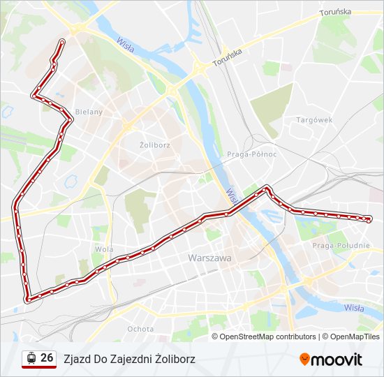 Mapa linii tramwaj 26