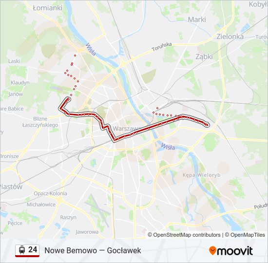 Mapa linii tramwaj 24