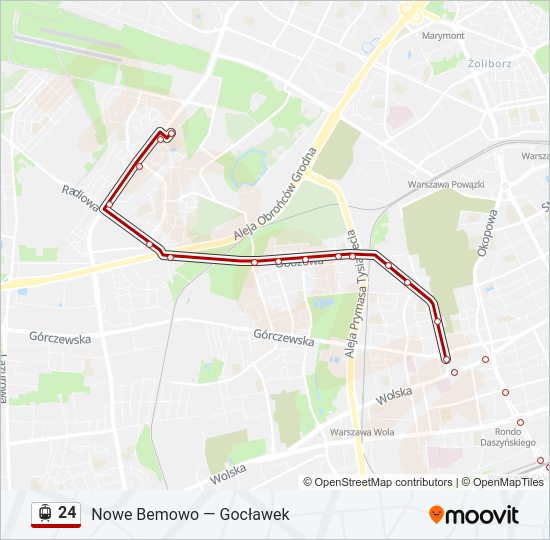 Mapa linii tramwaj 24