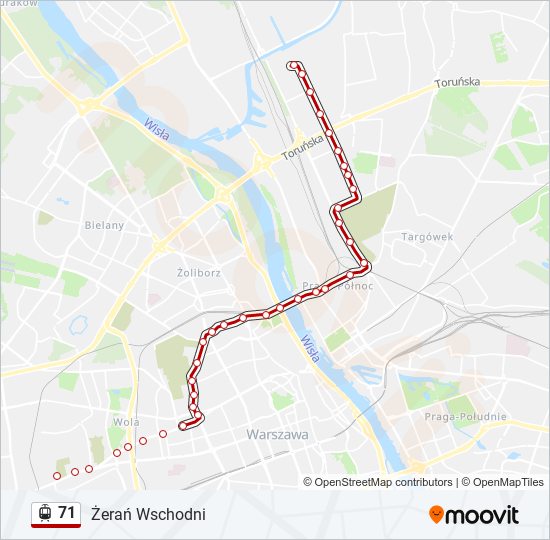 Mapa linii tramwaj 71