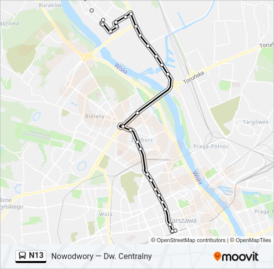 Mapa linii autobus N13