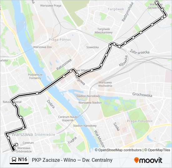 Mapa linii autobus N16