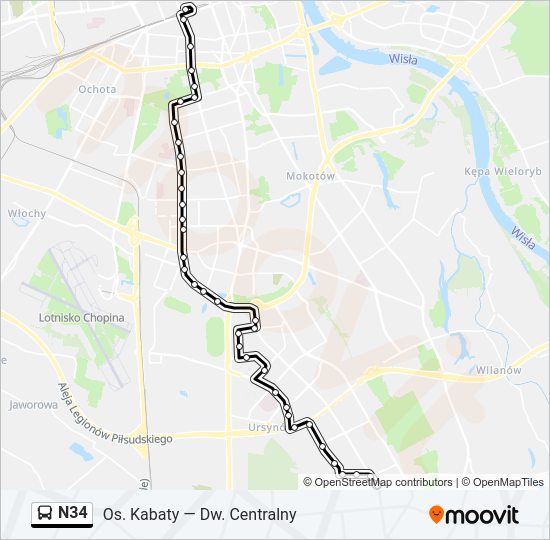 Mapa linii autobus N34