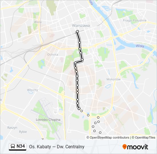 Mapa linii autobus N34