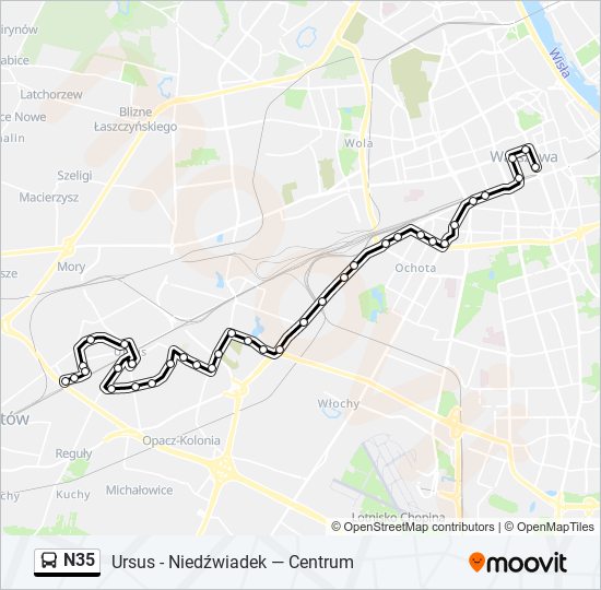 Mapa linii autobus N35