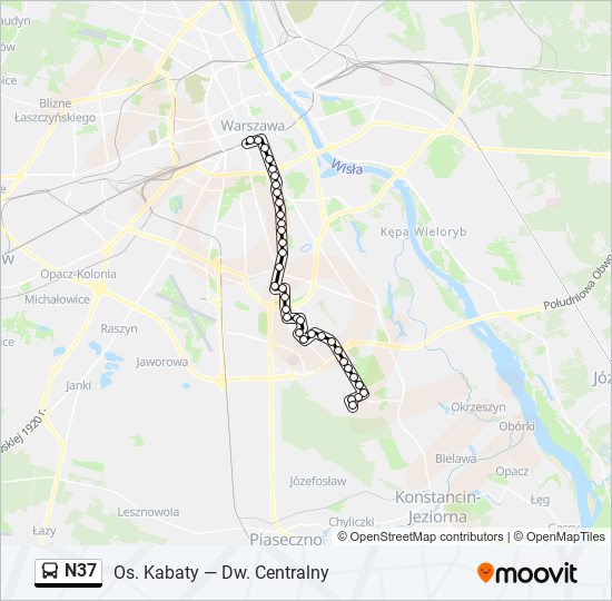 Mapa linii autobus N37