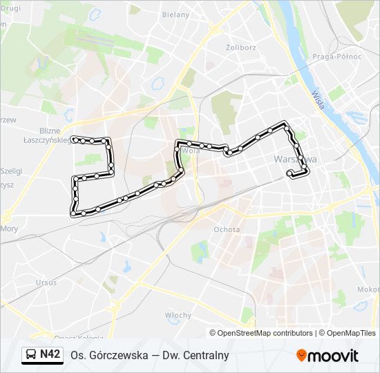 Mapa linii autobus N42