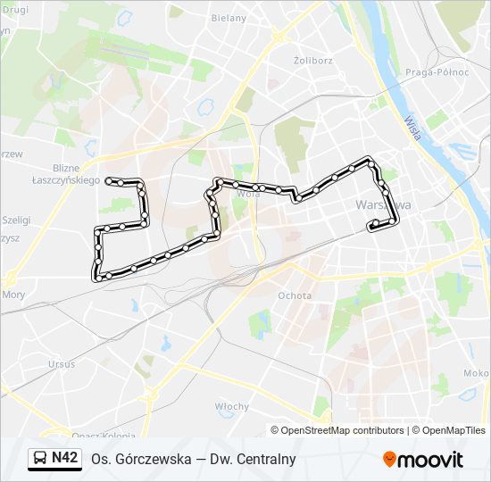 Mapa linii autobus N42