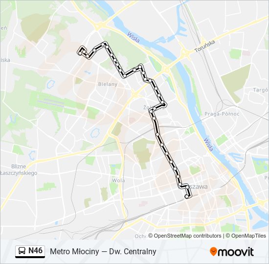 Mapa linii autobus N46