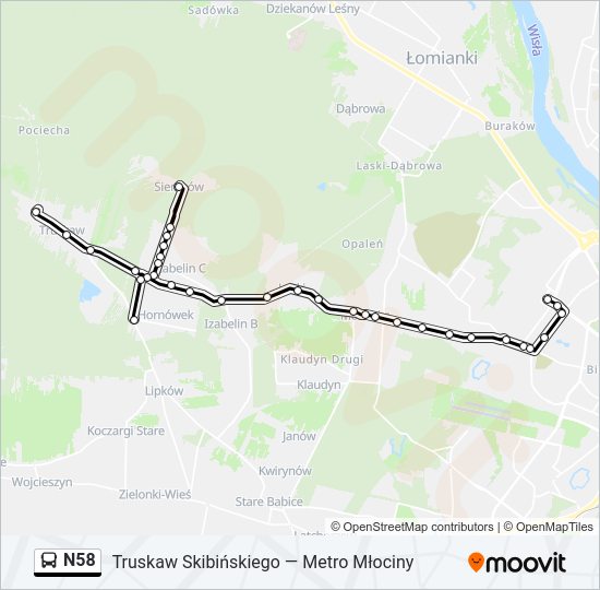 Mapa linii autobus N58