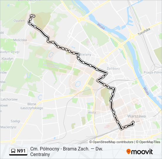 Mapa linii autobus N91