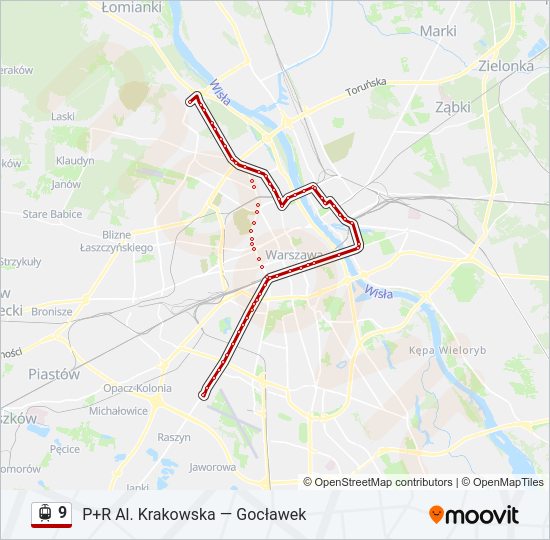 Mapa linii tramwaj 9
