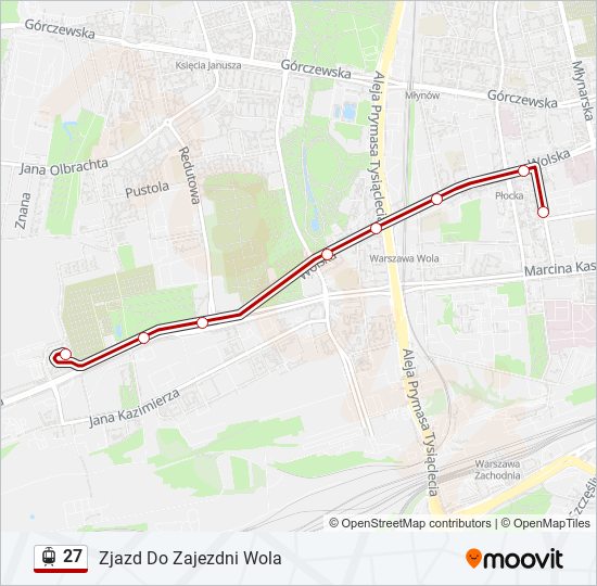 Mapa linii tramwaj 27