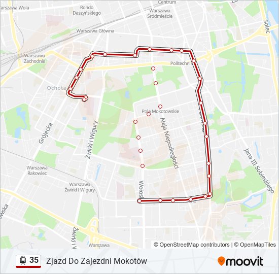 Mapa linii tramwaj 35