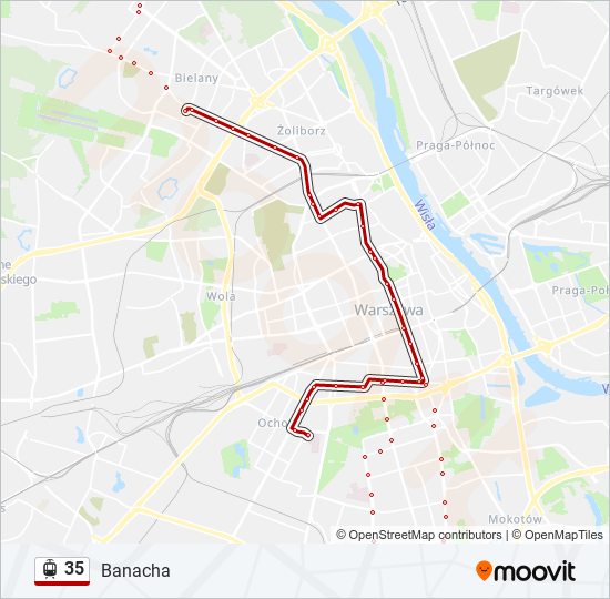 Mapa linii tramwaj 35