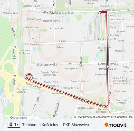 Mapa linii tramwaj 17