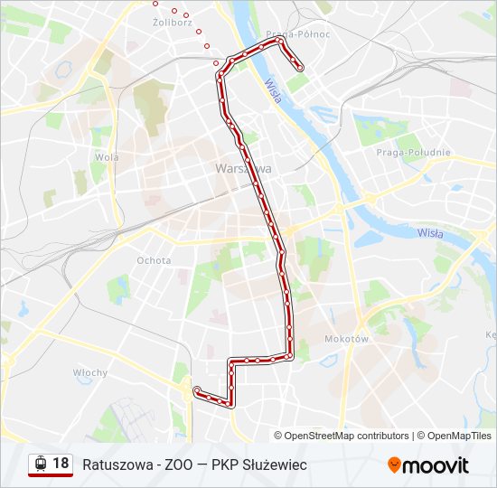 Mapa linii tramwaj 18