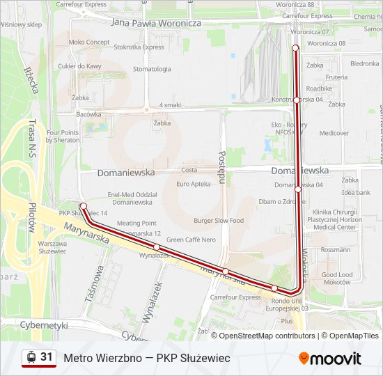 Mapa linii tramwaj 31