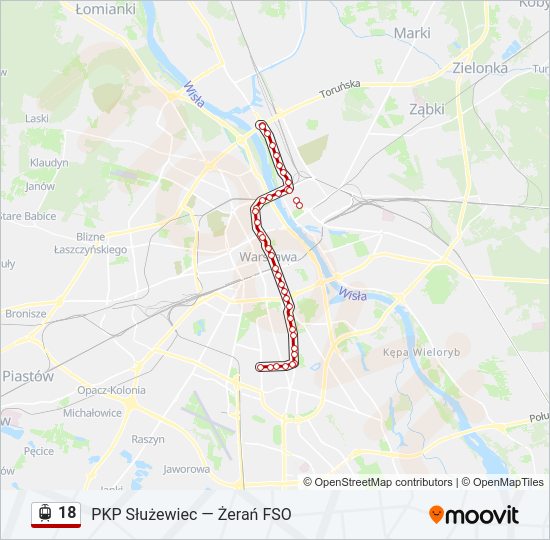 Mapa linii tramwaj 18