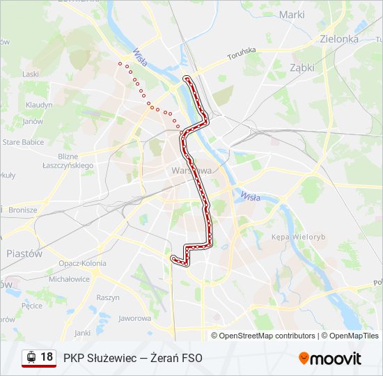 Mapa linii tramwaj 18