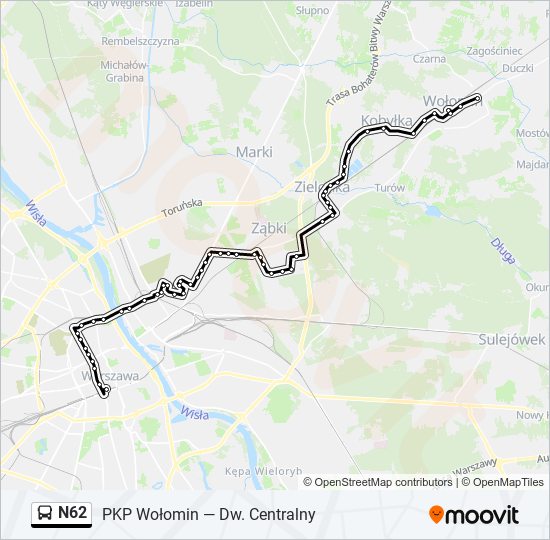 Mapa linii autobus N62