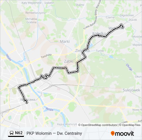 Mapa linii autobus N62