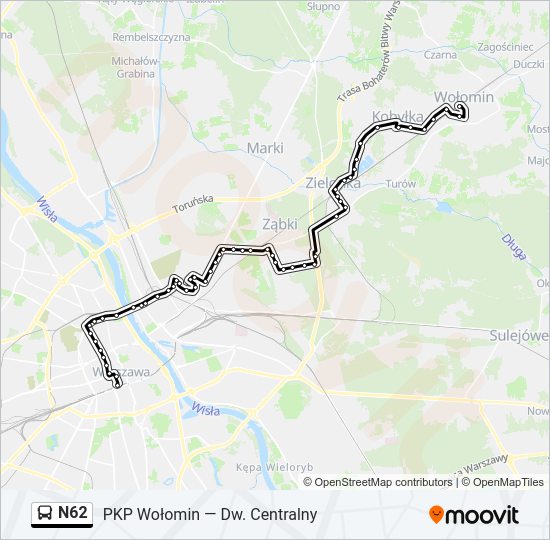 Mapa linii autobus N62