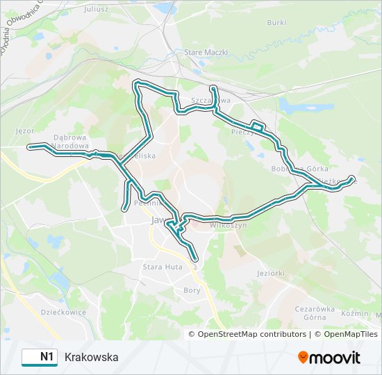 Mapa linii autobus N1