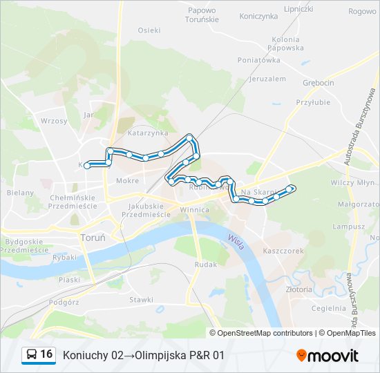 Mapa linii autobus 16