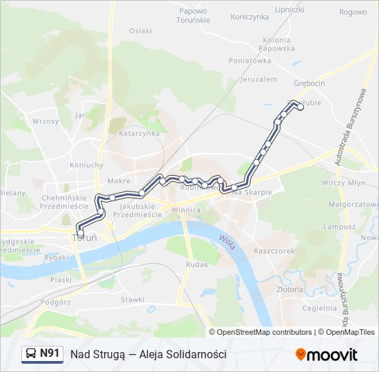 Mapa linii autobus N91