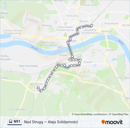 Mapa linii autobus N91