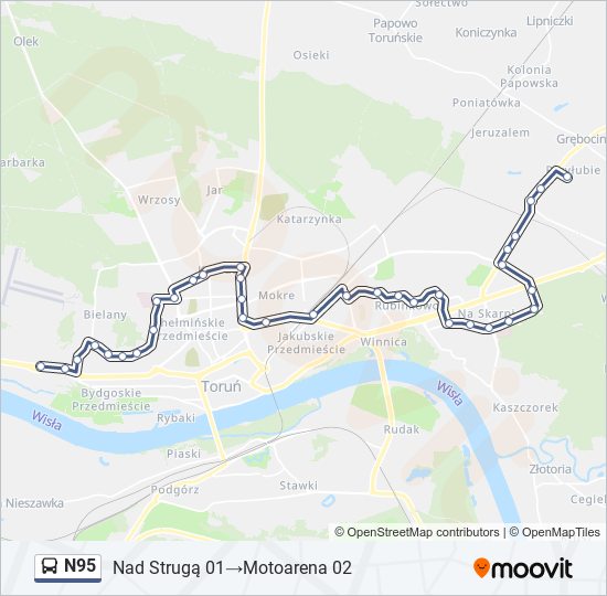 Mapa linii autobus N95