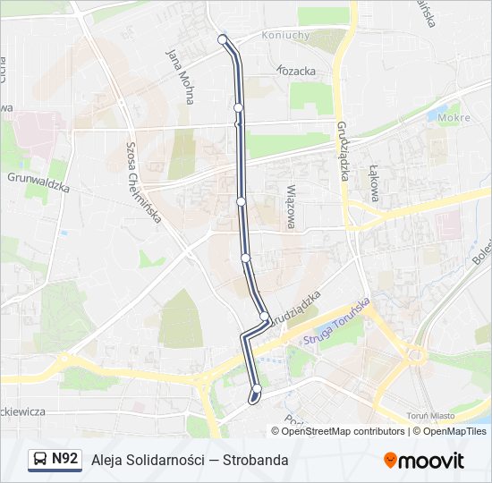 Mapa linii autobus N92