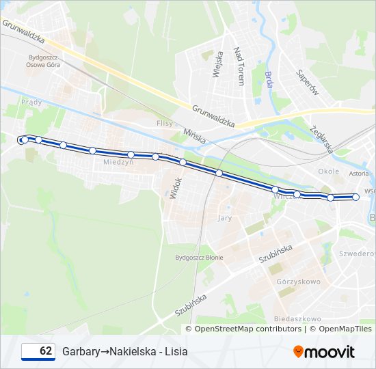 Mapa linii autobus 62