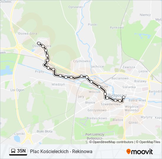 Mapa linii autobus 35N