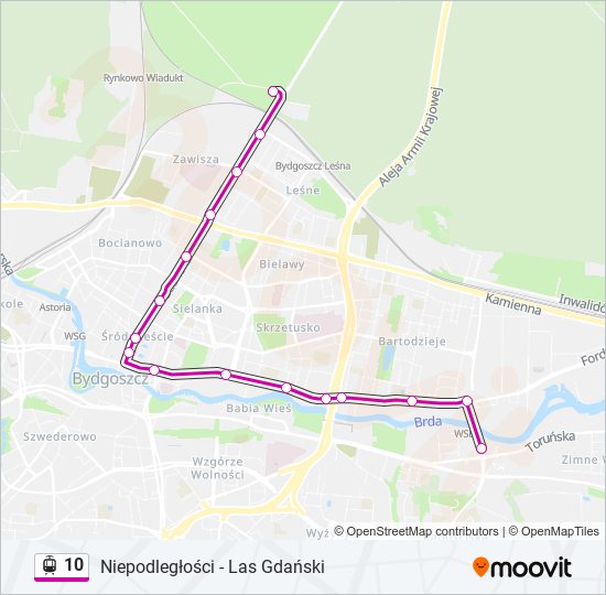 Mapa linii tramwaj 10