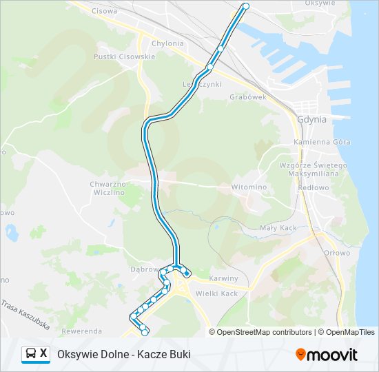 Mapa linii autobus X