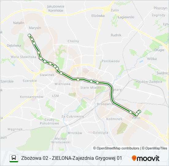 Mapa linii autobus ZIELONA