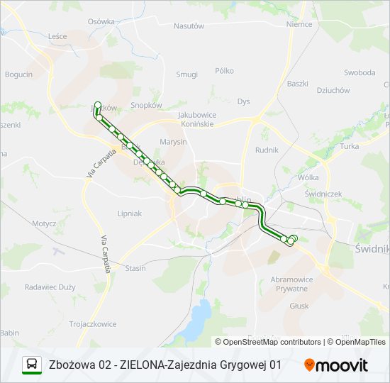 Mapa linii autobus ZIELONA