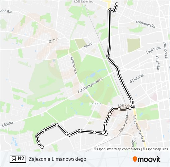 Mapa linii autobus N2