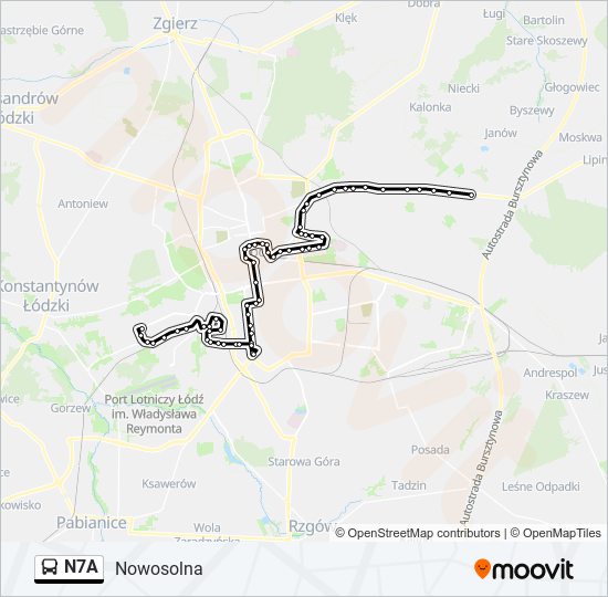 Mapa linii autobus N7A