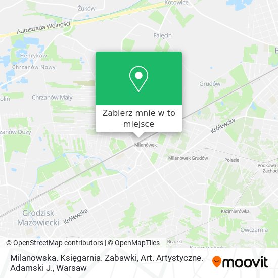 Mapa Milanowska. Księgarnia. Zabawki, Art. Artystyczne. Adamski J.