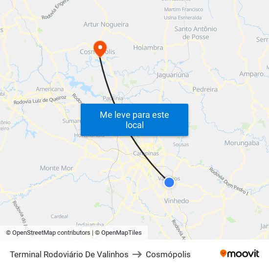 Terminal Rodoviário De Valinhos to Cosmópolis map