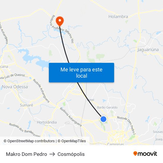 Makro Dom Pedro to Cosmópolis map