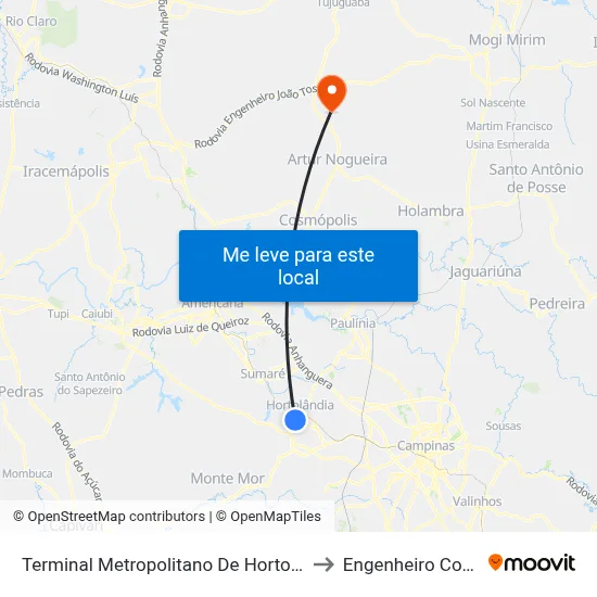Terminal Metropolitano De Hortolândia to Engenheiro Coelho map