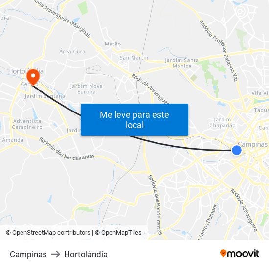 Campinas to Hortolândia map