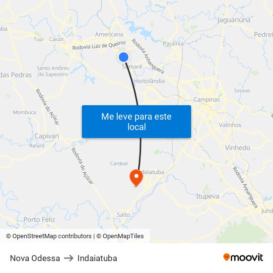 Nova Odessa to Indaiatuba map