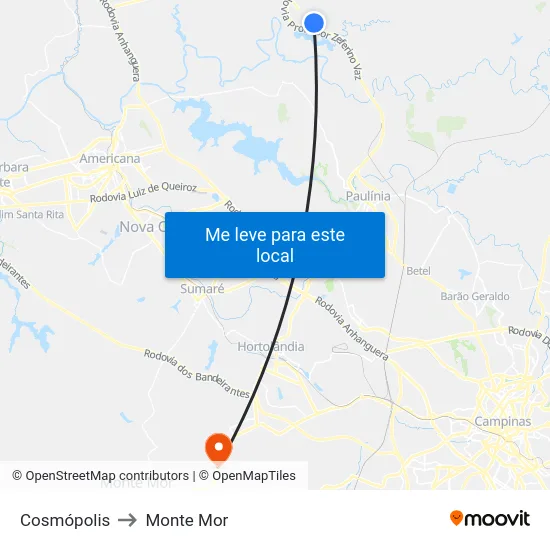 Cosmópolis to Monte Mor map