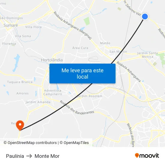 Paulínia to Monte Mor map