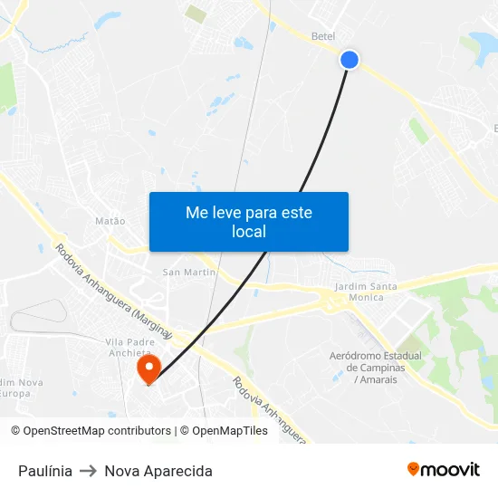 Paulínia to Nova Aparecida map